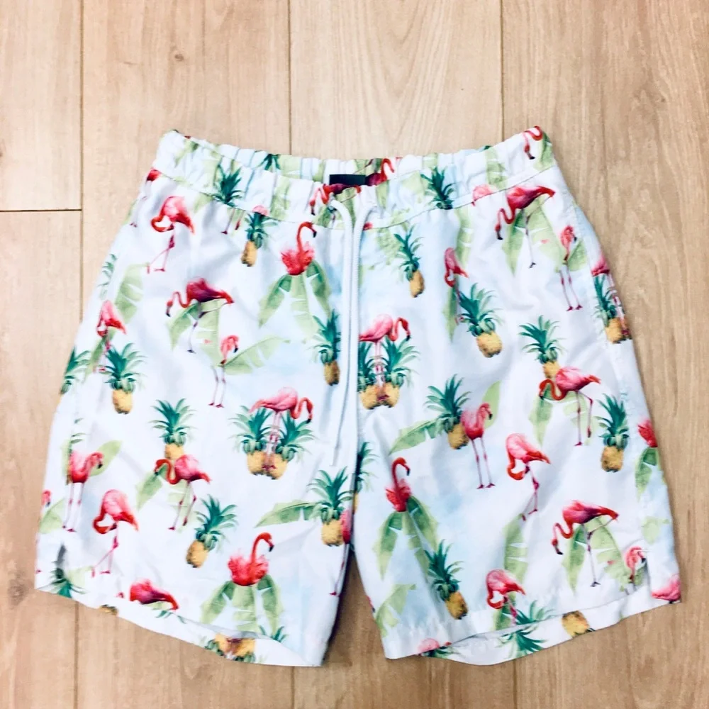 ASOS Men's White Print Swim Trunks shorts palm trees pineapples beachy small